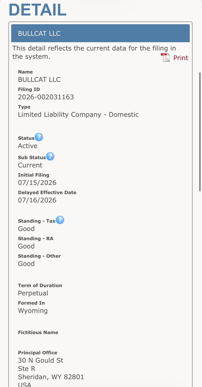 BULLCAT LLC — Wyoming Secretary of State filing detail